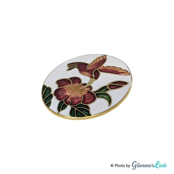 Vintage Cloisonné Floral Hummingbird Gold Tone Enamel Brooch - Picture 2 of 6